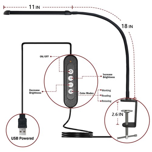 Phimuezl LED Desk Lamp with Clamp, Clamp Light with 30 Adjustable Color Modes, Clip on Light with Long Flexible Gooseneck, Eye Care Lamp Clamp for Study, Work, Home, Office, Black, 12W