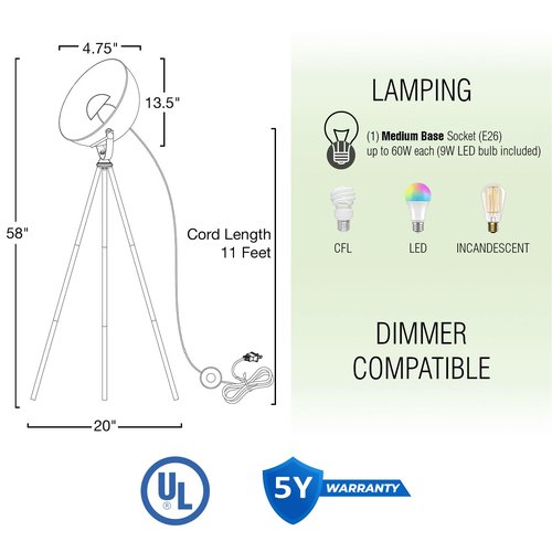 Kira Home Sulis 58" Modern Industrial Tripod LED Floor Lamp + 9W Bulb (Energy Efficient/Eco-Friendly), Leather Accent Legs, Satellite Style Shade, Black Finish