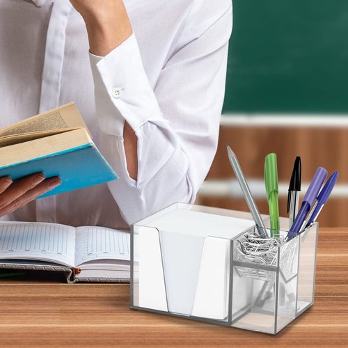 Acrimet Desktop Organizer Pencil, Pen, Paper, Clip, Caddy Holder (Plastic) (White Paper Included) (Clear Crystal Color)