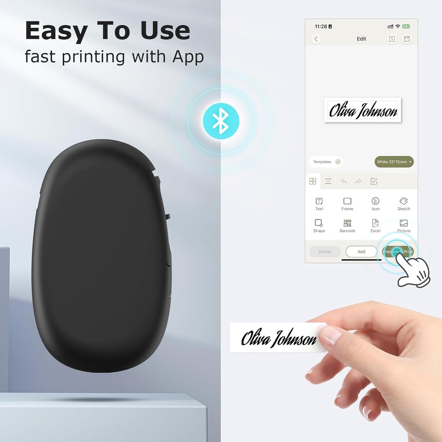 SUPVAN E10 Bluetooth Label Maker - Inkless, Waterproof Labels with 35 Fonts & 1,000+ Icons | Black