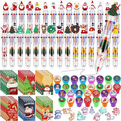 Aodaer 90 Pieces 10 in 1 Christmas Ballpoint Pen Stamps Mini Spiral Notebooks Kit, Multicolor Retractable Ballpoint Pens Xmas Stampers Notepads for Christmas Student Teacher Gifts Party Favors
