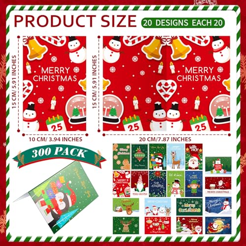 Crtiin 300 Set Christmas Cards Bulk Greeting Card with Red Envelopes Assortment Xmas Notes for Holiday Christmas Party Favor Supplies(Classic)