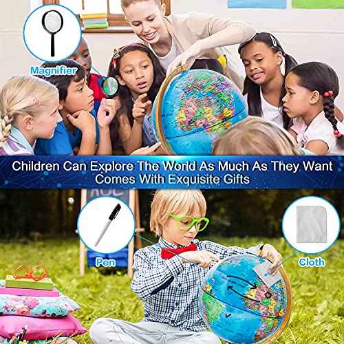 Illuminated World Globe for Kids & Adults All Ages with Wooden Stand 7 in 1- Night View Stars Map Constellation Globe with Detailed Colorful World,Built-in LED Bulb, Educational Gift