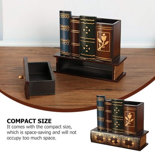 NUOBESTY Retro Pen Cup Holder Book Style Wooden Pencil Organizer Desktop Remote Pen Compartment Stand Home School Office Faux Book Pencil Caddy