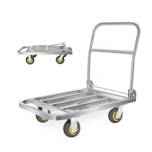 Uholan Fold Platform Truck 660lbs Stainless Steel Square Tube Cart 35.43in x 23.62in Flat Dolly 6in Elastic Rubber Wheel Used for Warehouse Transport Groceries Heavy-Duty Utility Hand Truck