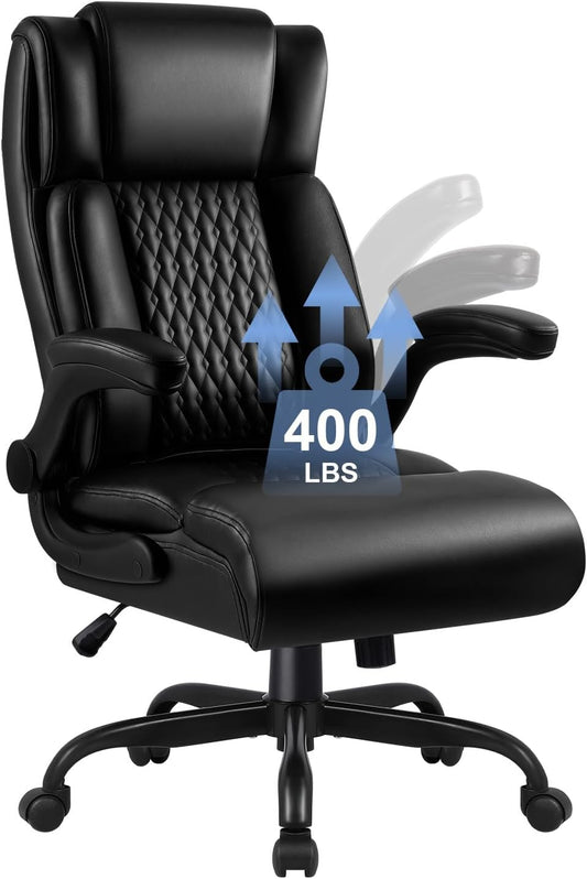Big and Tall Office Chair - 400LBS Heavy Duty Ergonomic Executive Desk Chair with Lumbar Support | Black PU Leather
