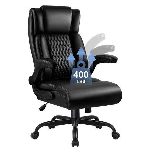 Big and Tall Office Chair, Ergonomic Leather Office Computer Desk Chair, Black Heavy Duty Office Chair with Flip-up Armrest, Comfortable High Back Home Chair 400 LBS with Lumbar Support