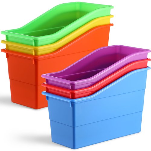 Affrolling 6 Pack Book Bins for Classroom Plastic Book Binder Holders Vertical Organizer Baskets Storage Boxes for Classroom Library Home Office Organization Stationery Supplies(Bright Colors)