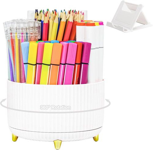 SAYEEC Rotating Pen Holder - 5 Slot Desk Organizer with Adjustable Phone Stand | White Makeup Brush Storage