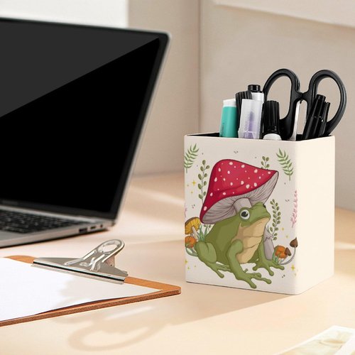 Niapessel Pencil Holder for Desk, Funny Frog with Mushrooms Pen Holder Storage Desktop Pen Organizer Desk Pencil Organizer Makeup Brush Holder for Office School College Leather