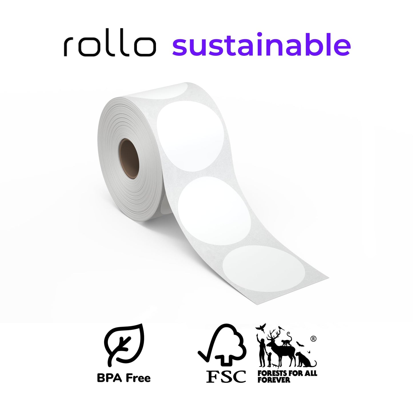 Rollo Circle Thermal Labels 2 Inch - Roll of 1,000 Round Sticker Labels - Multi-Purpose Direct Thermal Printer Stickers 2x2 (White)