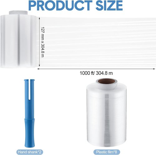 Jutom Mini Stretch Film - 16 Pcs Industrial Shrink Wrap Rolls with 2 Handles | 5" x 1000 ft Clear & Blue