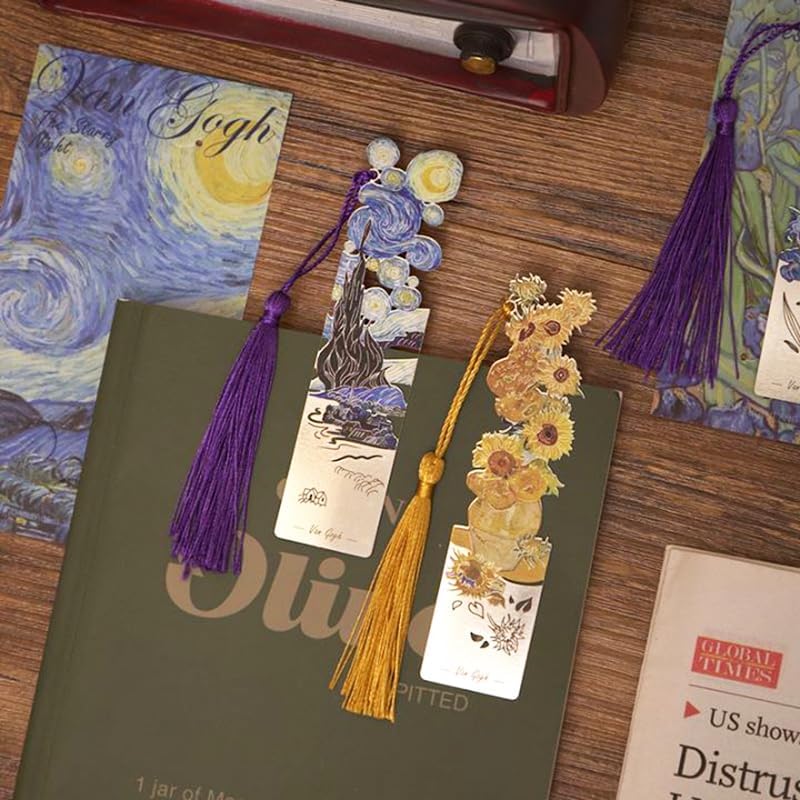 Van Gogh | 4 Pcs Metal Bookmarks with Tassel - Artistic Hollow Design for Book Lovers & Readers