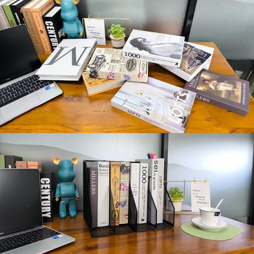 RHONZHAO 2 Set Desk Organizers, Metal Desk Magazine File Holder and 1 Pen Holder, 2 Compartments Mesh File Holder, Mesh Desktop Organizer and Storage,Black