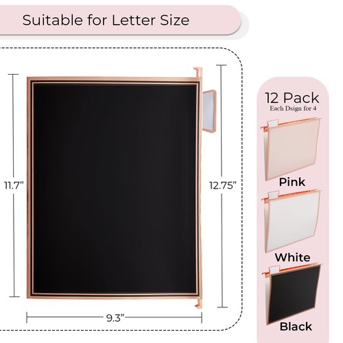 Y YOMA 1 Pack Rose Gold Desktop Hanging File Organizer | 12 Pack Rose Gold Pocket Hanging File Folders with Tabs & Insert | Letter Size Metal File Kit for Desk Home Office, I Shaped