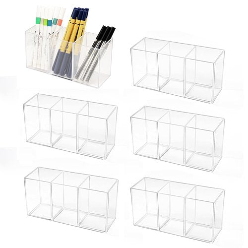 eastbao 6 pack Acrylic Pen Holder for desk cute office supplies,Stationery and makeup brush organizer,Clear Desktop Pencil Cup with 3 Compartments