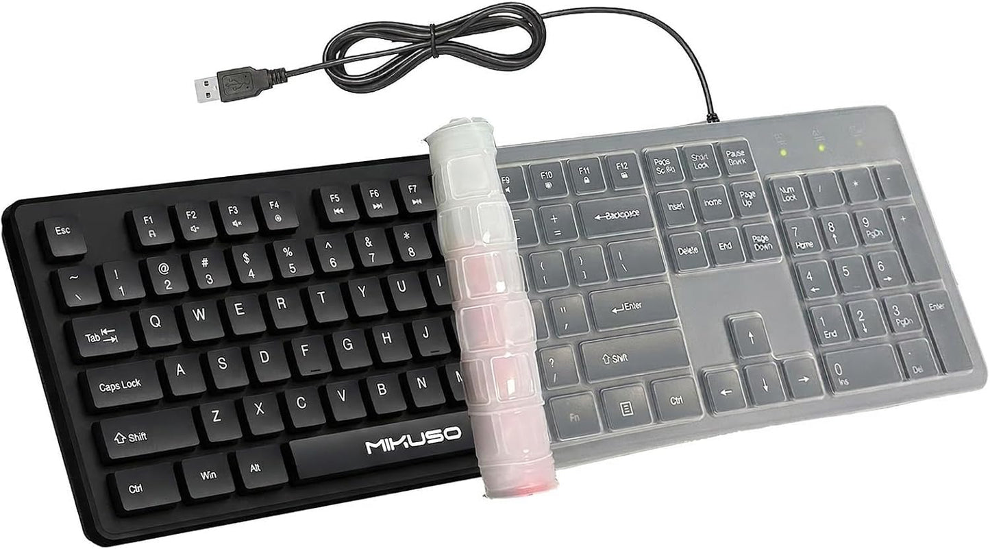 Spill Proof Keyboard - Full Size Wired 104 Keys with Easy Clean Cover & Laser Etched Keycaps | Black