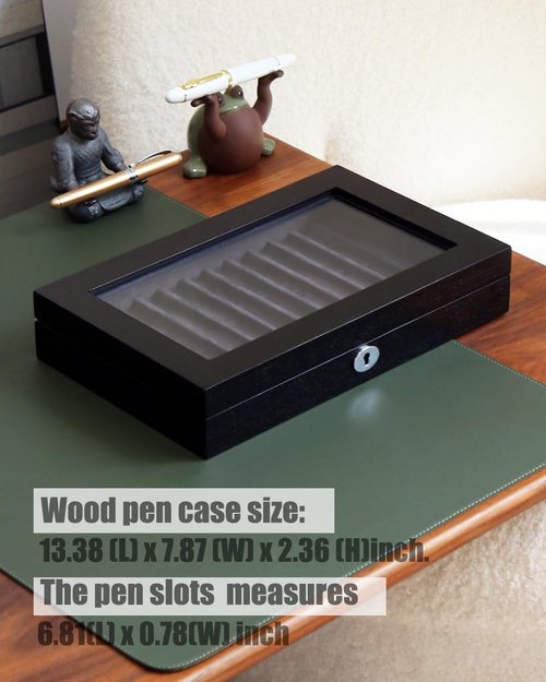 Bonaking Wood Pen Display Case with 12 Pens, Fountain Pen Display Box, Lockable Pen Storage Box with Glass Top, Pen Box Organizer, Pen Collection Display Case (Black with Gray Velvet)