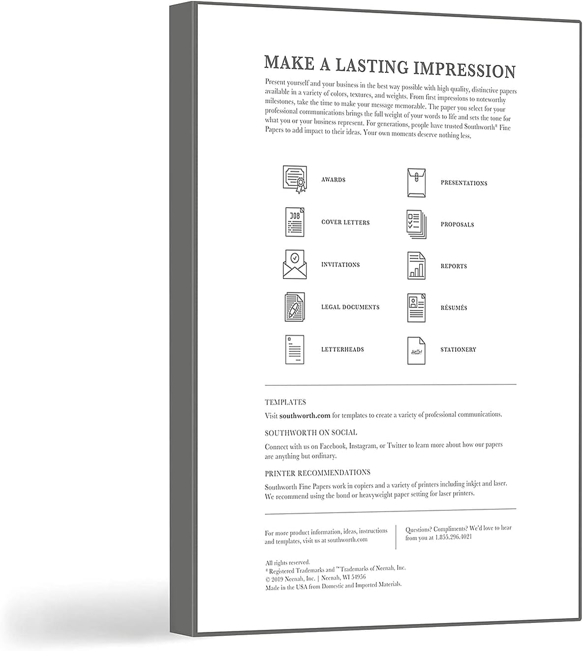 Southworth® Résumé Paper - 100% Cotton, 32 Lb, 100% Recycled, White, 8.5" x 11", Pack of 100