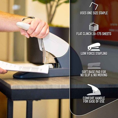 PraxxisPro PowerForce 175 Heavy Duty Flat Clinch Office Stapler, 20 to 175 Sheets Using one Size 3/4" Leg-Length Staple, includes 400 Staples and a Staple Remover