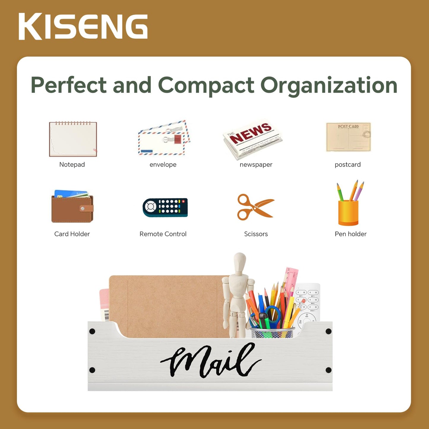KISENG White Wooden Mail Organizer Countertop - Mail Organizer Wall Mounted, Office Mail Holder, Desktop Mail Basket for Counter, Letter Holder Box for Home Office Decor (White +Black Mail, 3.15")