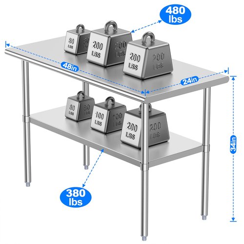 Atronor Stainless Steel Table for Prep & Work, NSF Metal Commercial Heavy Duty Table with Adjustable Under Shelf and Foot for Restaurant, Home and Hotel (24x48in)