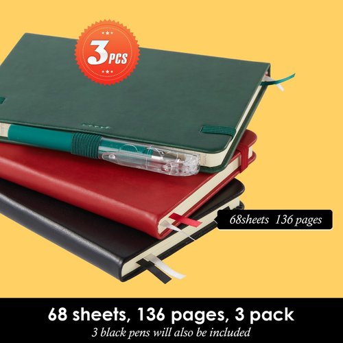 NIRMIRO Mini Pocket Notebooks - 3 Pack A6 Leather Journals with Pen | Black, Red, Green