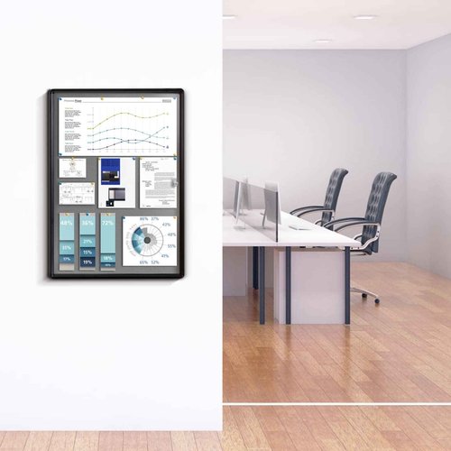 EVERSUPPLY Enclosed Bulletin Board Lockable Display Case Message Board with Locking Door for Indoor, Grey Felt, Black Aluminum Frame, 26 X 20 in