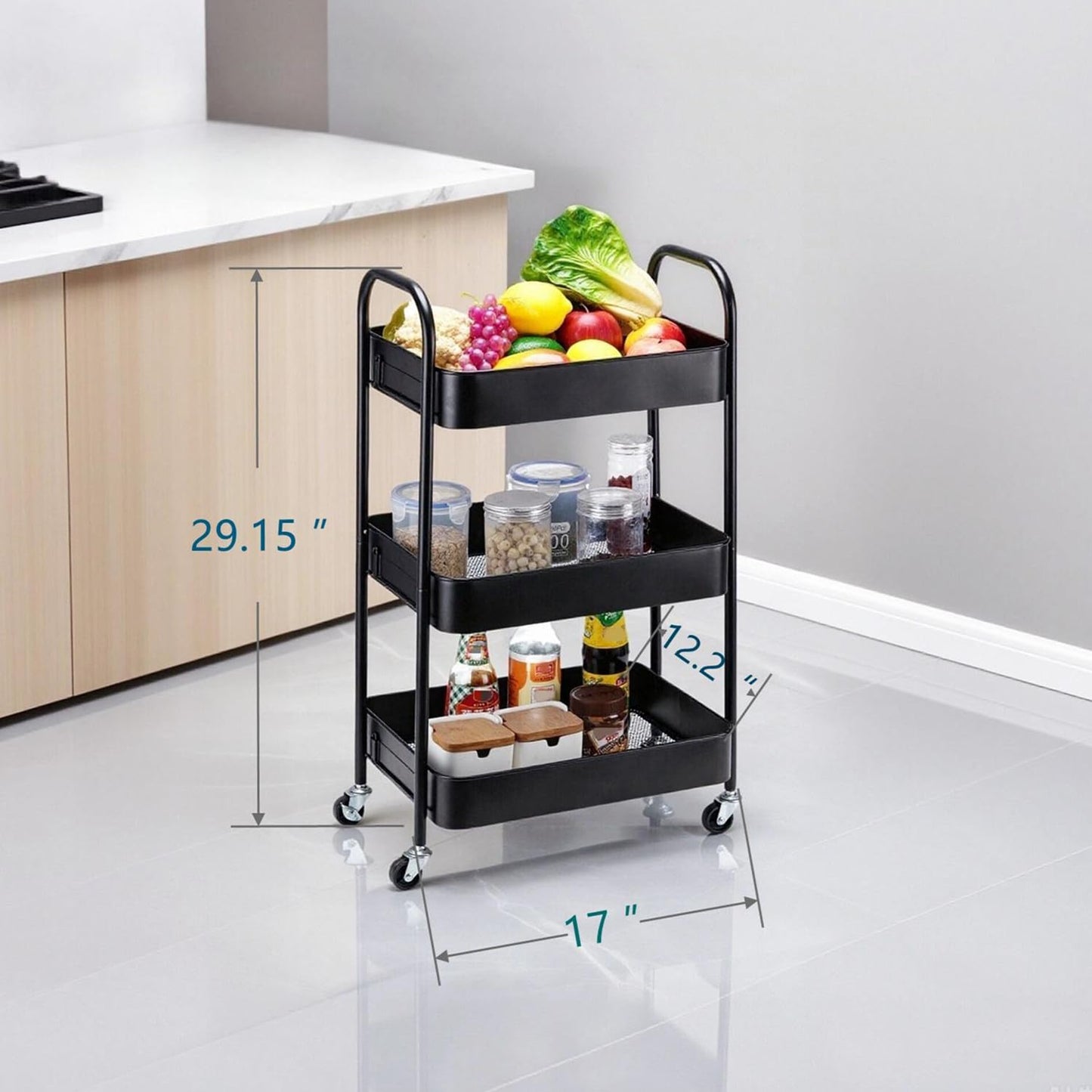 SETTFRFE 3-Tier Metal Rolling Storage Cart, Black