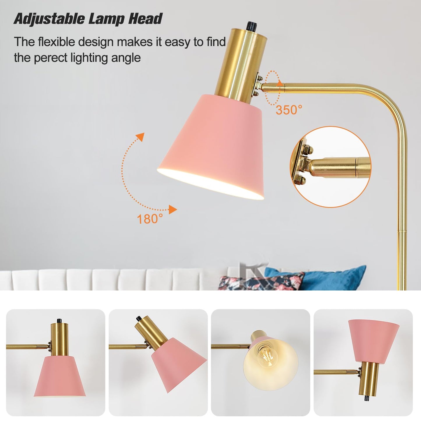 Hsyile Contemporary Modern Creative Floor Lamp with a Table,Suitable for Living Room,Den,Office,Bedroom - Standing Lamp Tall Floor Lamp - Brushed Brass Finish and Pink Lampshade