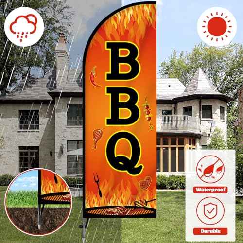 2 Sets BBQ Feather Flag for Businesses Barbecue Swooper Banner Sign with Carbon Fiber Pole and Advanced Ground Stake Portable Bag Open Advertising Flag Banner for Business Advertising Outside