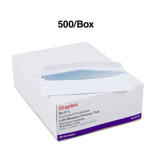 Staples 918179 Left Window Security-Tint Gummed Check-Size #8-5/8 Envelopes 500/Box