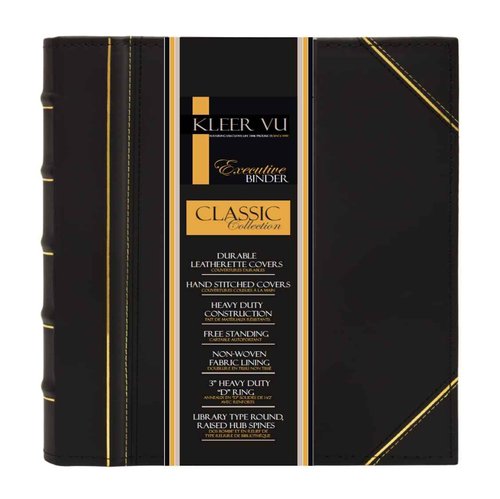 Executive Binder, English Leather, Hand Stitching and Ribbed Spine, Heavy Duty 3" Inch, 3 D-Ring with Buster, Black and Gold (3" inch)