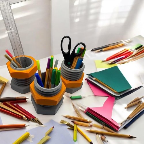 Nut and Bolt Design Desk Organizer, Pencil Holder for Office and Home, Back to Work Gift, Office Welcome Back Gift, Coworker Welcome Back Surprise, Gray and Orange