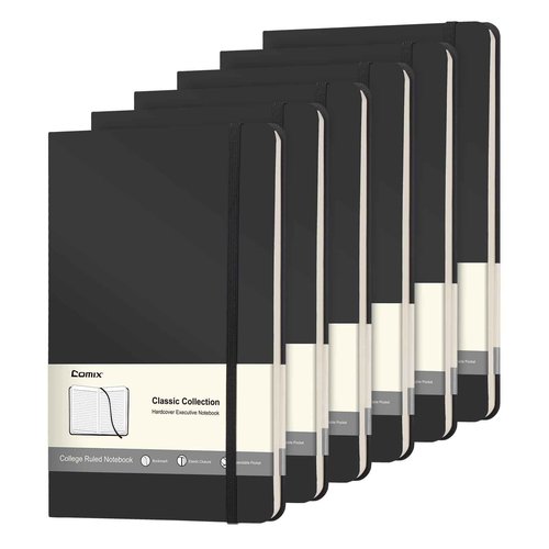 Comix 6 Pack Lined Journal Notebooks for Work, 240 Pages, 5.5"x8.3", Black, Hardcover, A5 Medium College Ruled, Journaling Notebooks for Notes-taking, Fits for Office School Home