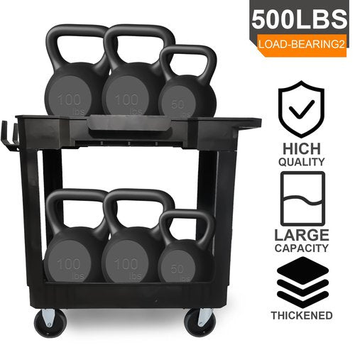 Aain 2 Shelf Heavy Duty Plastic Utility Cart, Supports Up to 500 Pound Black Rolling Utility Cart. 34 x 17 Inch Service Cart, 2 Fixed 2 Swivel Wheels, Ergonomic Handle Great for Warehouse, Garage.