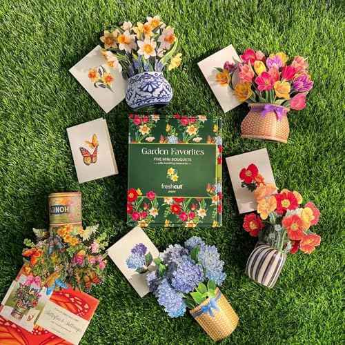 Freshcut Paper Pop Up Cards, Garden Favorites, 6 inch Mini Sized Paper Flower Bouquet 3D Popup Greeting Cards, Birthday Card, Thank You Card, Blank Notecards & Envelopes, Pack of 5