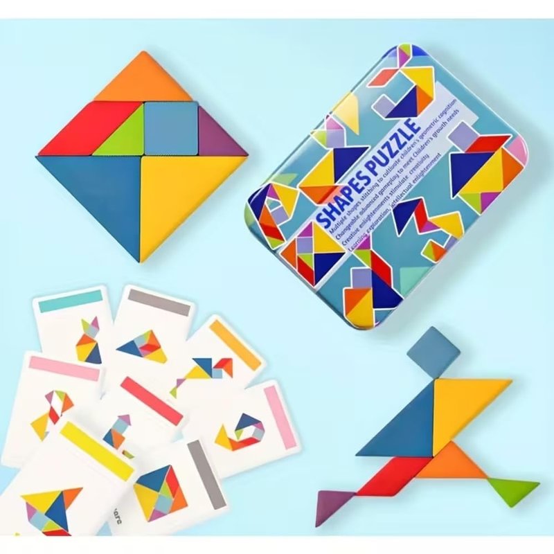 Tangram Puzzle Educational Geometry Game with Tin Storage Box and Pattern Cards for Classroom Learning, Travel, Festivals, Colorful