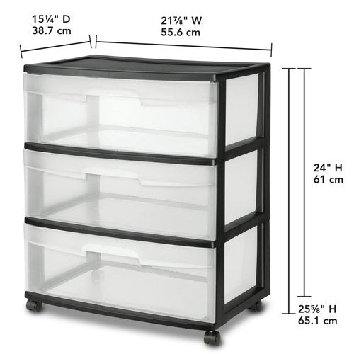 3-Drawer Wide Storage Cart with Casters – Black, Multi-Purpose Organizer for Home & Office – 24" Height, Clear Drawers