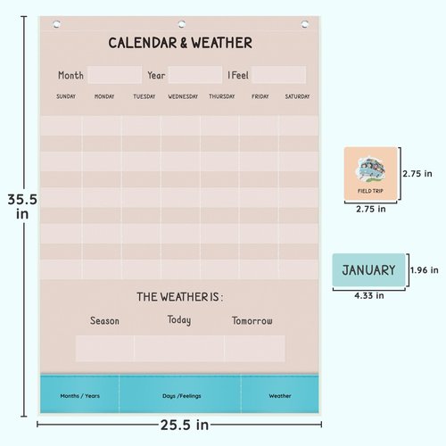 ALSLEA Calendar and Weather Pocket Chart for Classroom, 35½" x 25½" Large Boho Calendar for Kids, Preschool Toddler Learning Activities Chart, Back to School Supplies, Homeschool and Teacher Essentials 114 Cards