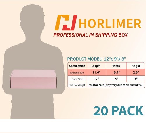 HORLIMER Shipping Boxes - Set of 20 Pink Medium Corrugated Cardboard Gift Mailer Boxes | 12x9x3 Inches
