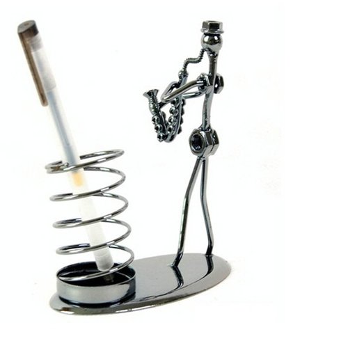 Music Musician Theme Iron Man Art Metal Creative Personality Pen Pencil Container Holder Pencil Cup Pot Case Secretary Students Desktop Home Office Decoration Decor Toy Gift Ornaments (D002 Saxophone)