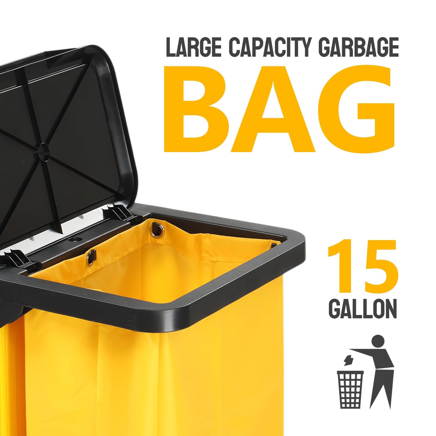 TUFFIOM Janitorial Cart with Key-Locking Cabinet, 3-Shelf Commercial Cleaning Cart, Housekeeping Caddy with Locker,Wheeled with Yellow Vinyl Bag, Black, Great for Hotel, Stores, Schools, and Business