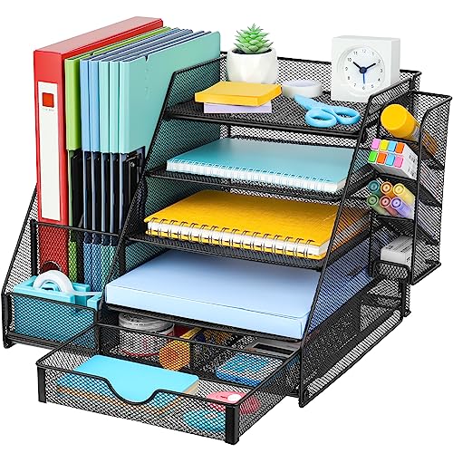 GALASALA Mesh Desk Organizer, 5 Tier Paper Letter Tray with Extra Vertical File Sorter, Sliding Drawer and Pen Holders for Desk Accessories Office Supplies, Black