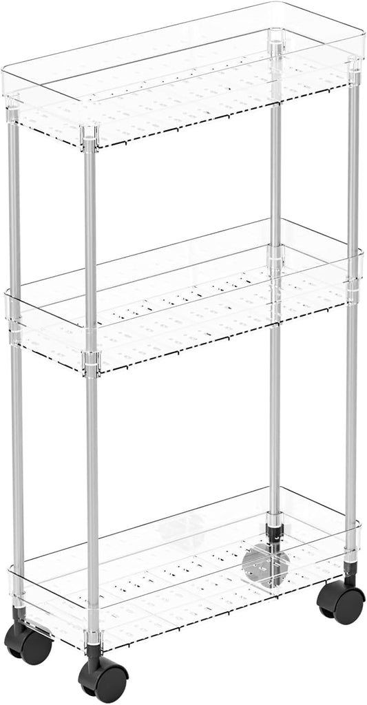 Yieach Clear 3-Tier Slim Rolling Storage Cart - 6.3" Wide Thin Shelves for Small Spaces | Bathroom & Laundry Use