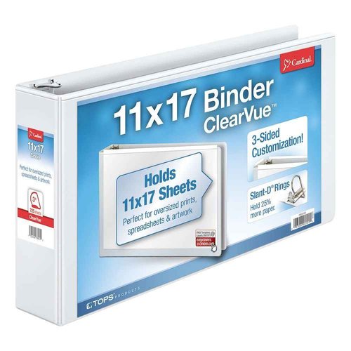 Cardinal® Slant-D® Ring 11" x 17" Tabloid ClearVue™ Binders, 3" Rings, 63% Recycled, White