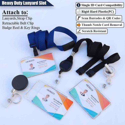 50 Pack Hard Plastic Badge Holder-Horizontal Heavy Duty ID Card Holder-Rigid Case Single I'd Protector with Easy Access Thumb Slot & Chain Holes for Clips,Lanyards & Reels-Frosted Clear by DiDiSTAR