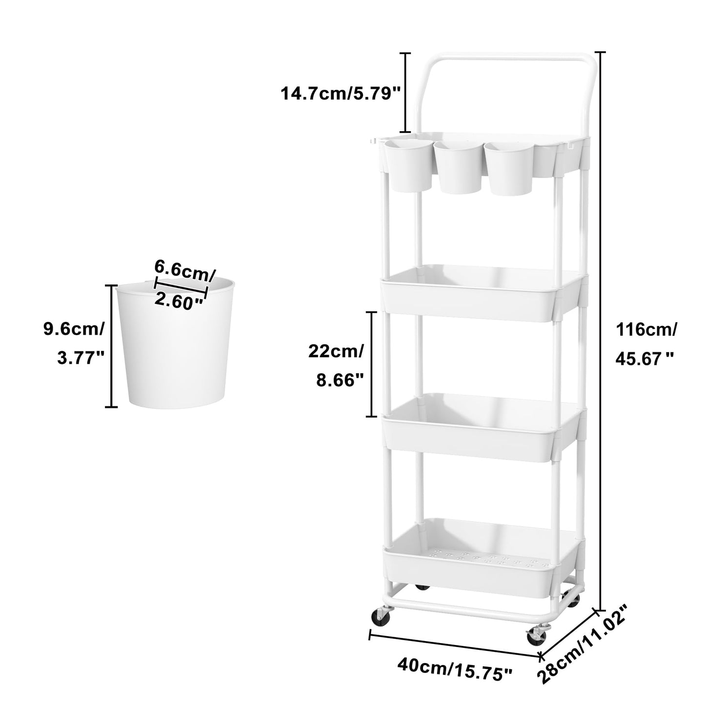 Buzowruil 4-Tier Rolling Utility Cart, Storage Cart with Handle Multi-Purpose and Locking Wheels,with Hanging Basket and Hook for Office, Kitchen, Bathroom,White