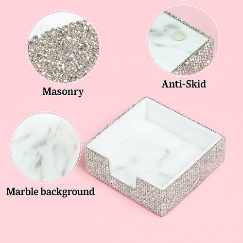 Buqoo Sticky Note Holder, White Marble Bling Crystal Rhinestone Handmade Memo Cube, 4 x 4 inch Post It Notes Holder Dispenser Organizer, Bedazzled Pad Holder Office Accessories Supplies for Women