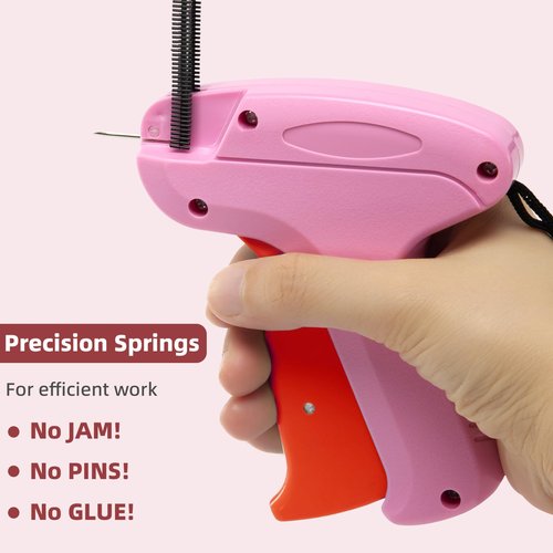 Stitch Gun for Clothes - Includes 6 Fine Needles, 1000 White & 1000 Black Fasteners, Handheld Stitch Gun - Quick Clothing Fixer, Tag Gun for Clothes (Pink Red)